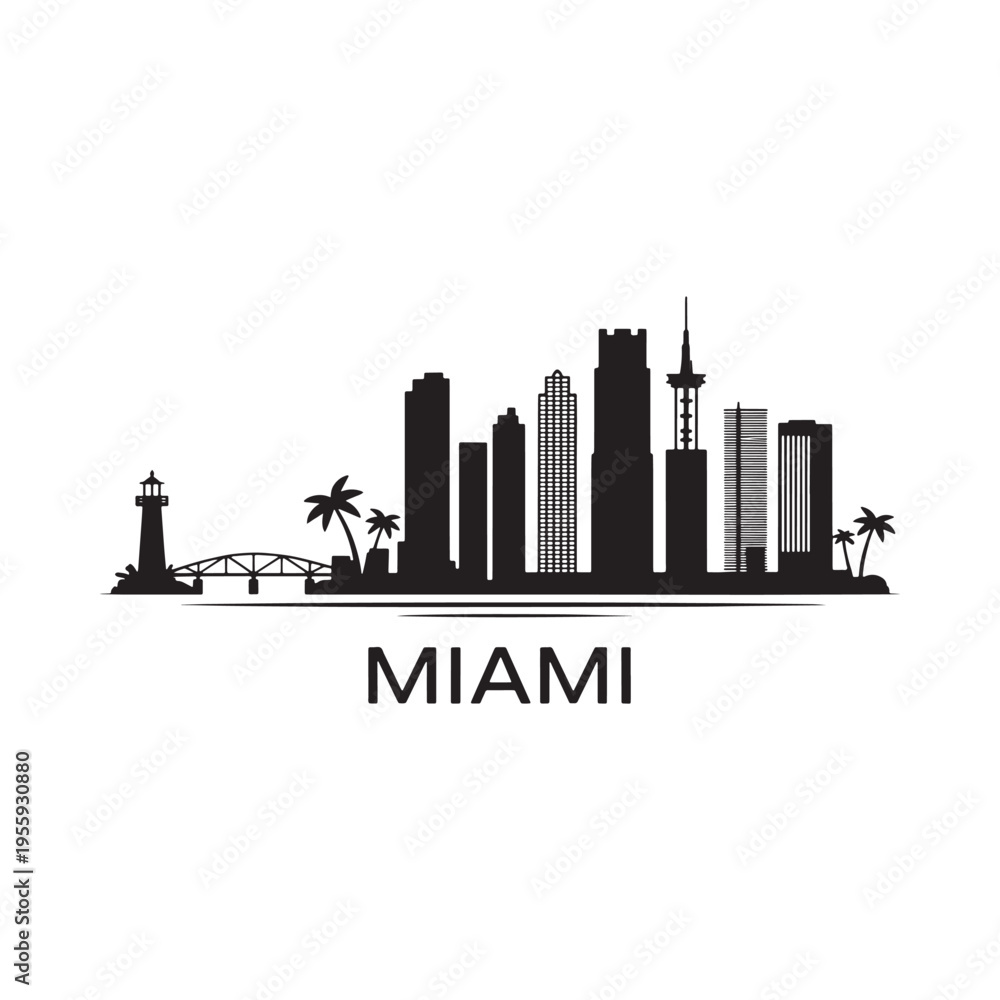 Obraz premium Miami skyline silhouette with palm trees and a coastal lighthouse