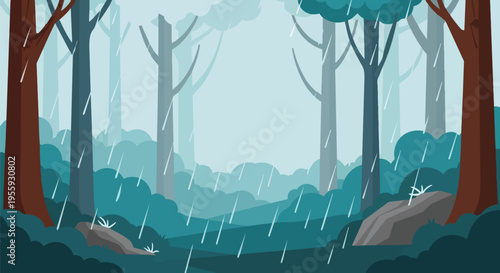 A flat design illustration of a tranquil forest during rain. Stylized trees and lush foliage create a serene natural scene with gently falling