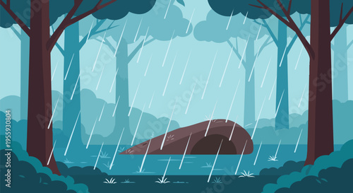 A tranquil forest scene depicting soft rain falling gently upon the dense foliage and earthy ground, featuring sturdy trees and a prominent stone