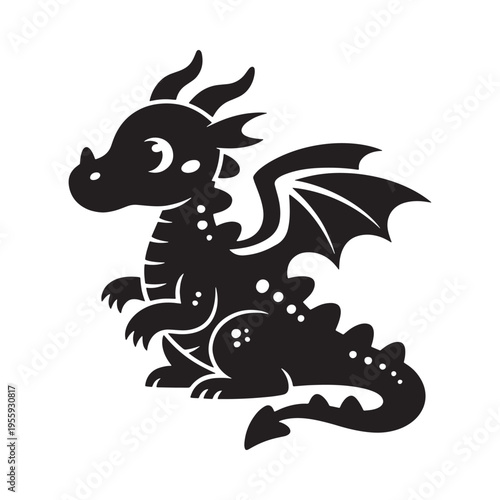 Cute black dragon illustration with wings and spotted scales side view