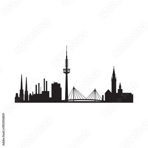 A striking black silhouette depicts a modern city skyline with landmarks