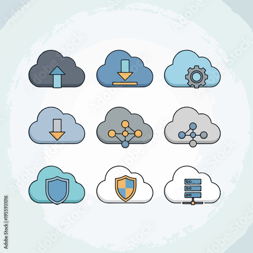 Cloud computing icons with simple rounded shapes