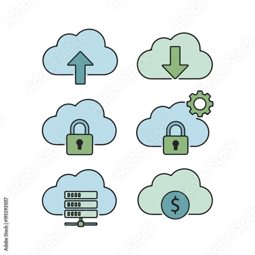 Cloud computing icons with simple rounded shapes