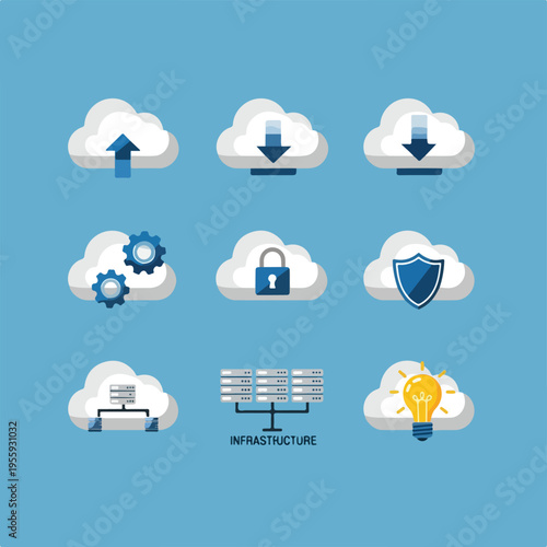 Cloud computing icons with simple rounded shapes