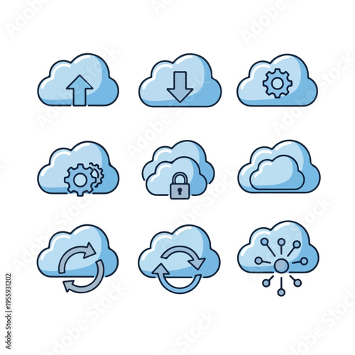 Cloud computing icons with simple rounded shapes
