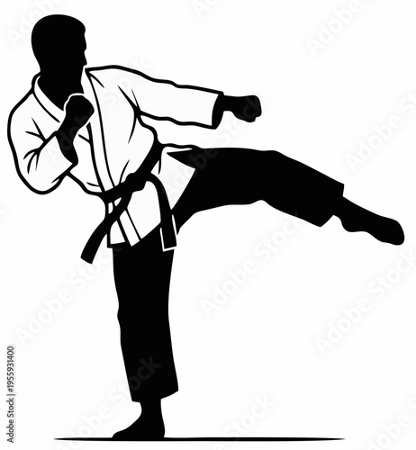 Karate front kick silhouette in a traditional Mae Geri stance. Disciplined martial arts sensei pose for dojo posters and zen sports illustrations
