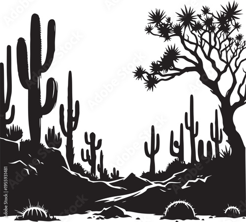 Desert landscape featuring cacti and a lone tree under a stark sky Vector, illustration