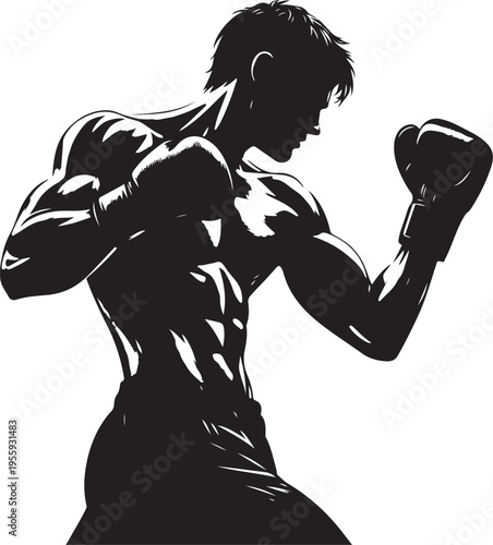 Boxer in defensive stance with gloves raised and focused expression Vector, illustration