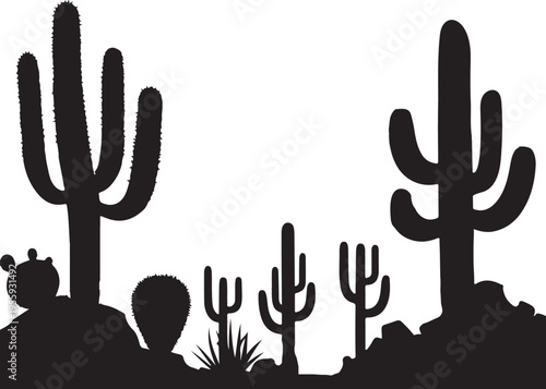 Silhouettes of tall cacti in a desert landscape under a bright sky Vector, illustration