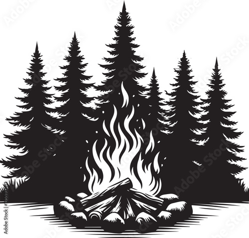 Campfire nestled among tall evergreen trees in a serene forest setting Vector, illustration