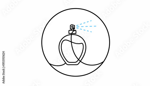Perfume bottle spraying fragrance, minimalist line art icon in circle