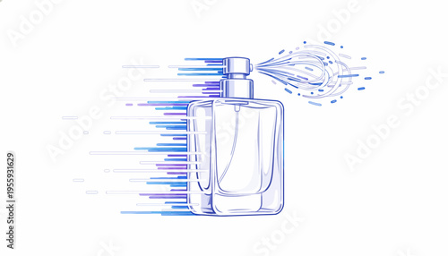 Perfume bottle spraying fragrance, motion blur effect, abstract lines, blue and purple hues