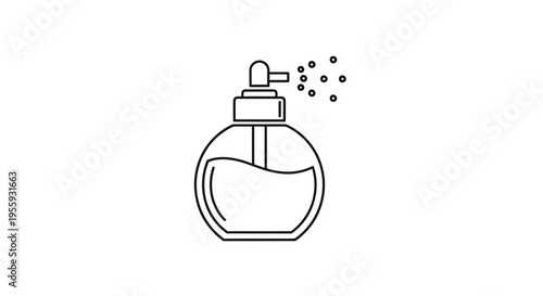 Perfume bottle spraying mist, simple line art icon, isolated on white background