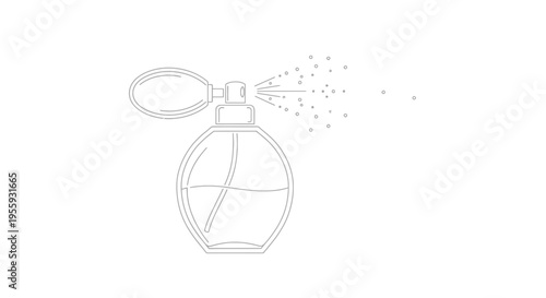 Perfume bottle spraying mist, vintage atomizer, elegant fragrance dispenser, abstract scent particles