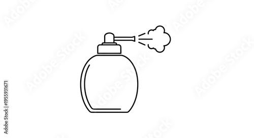Perfume bottle spraying mist, simple line art icon, isolated on white background