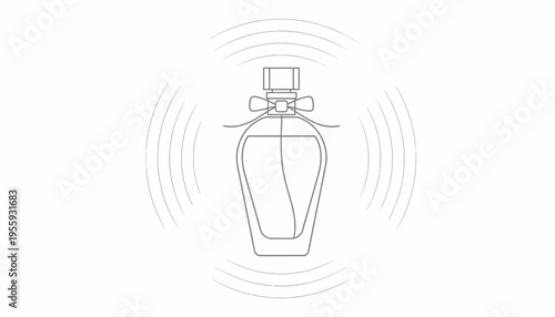 Perfume bottle with radiating scent waves, elegant design, minimalist line art