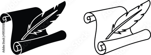 Scroll and Feather Quill Pen Icon Set Vector