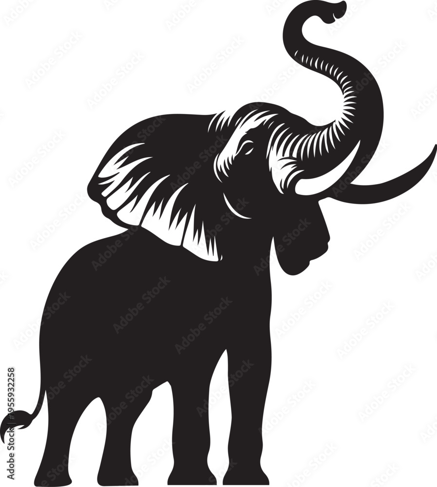 Obraz premium Graceful silhouette of an elephant with large ears and curved tusks Vector, illustration