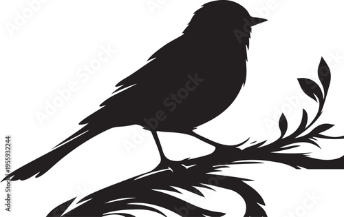 A sleek silhouette of a bird perched gracefully on a delicate branch. Vector, illustration