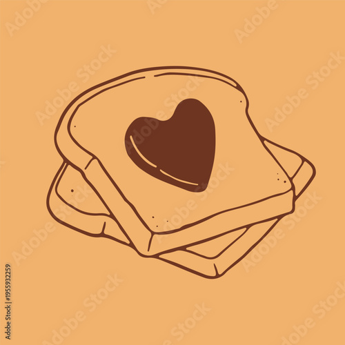 Two hand drawn bread slices with a heart shaped jam decoration on the top piece. Red line art vector illustration of a sweet snack for breakfast menu and romantic food design