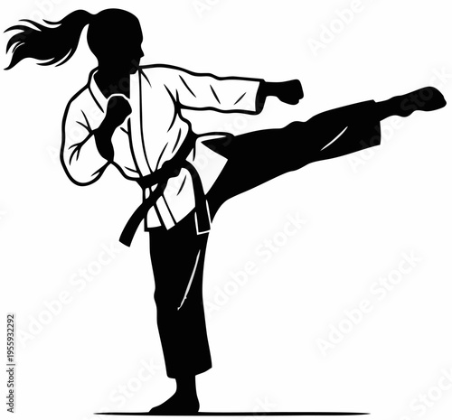 Woman self defense side kick silhouette for female empowerment. Athletic girl power action pose for fitness training and martial arts web banners