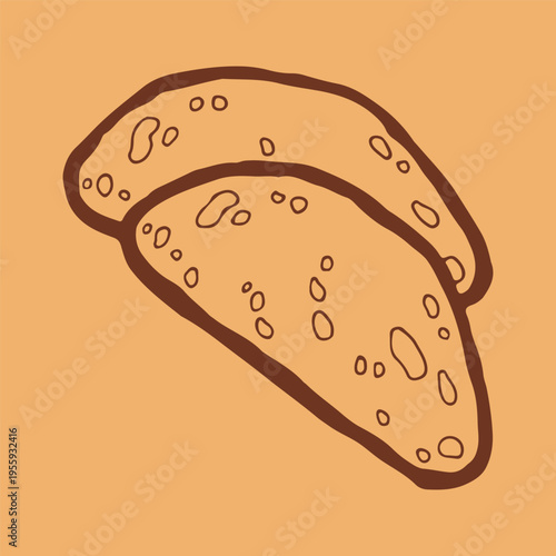 Vector illustration of two crispy toasted bread slices overlapping each other. Hand drawn brown line art icon of healthy wheat toast for breakfast menu and morning snack design