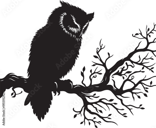 A solitary owl perched on a bare tree branch under a moonlit sky Vector, illustration