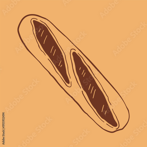 Vector illustration of a long French baguette with characteristic diagonal crust cuts. Hand drawn brown line art icon of fresh bread for bakery menu and gourmet food design