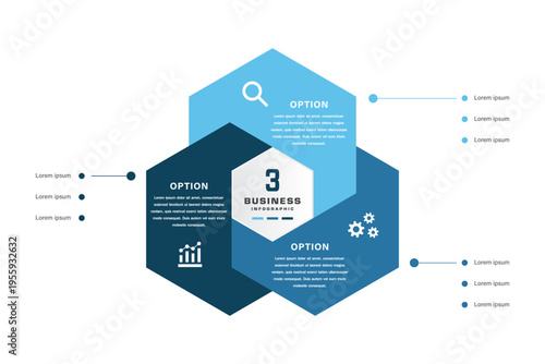 Professional business infographic with 3 interconnected hexagon options, icons, and connected bullet points in blue and white design