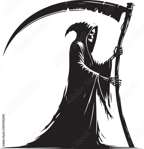 Mysterious figure holding a large scythe against a stark background Vector, illustration