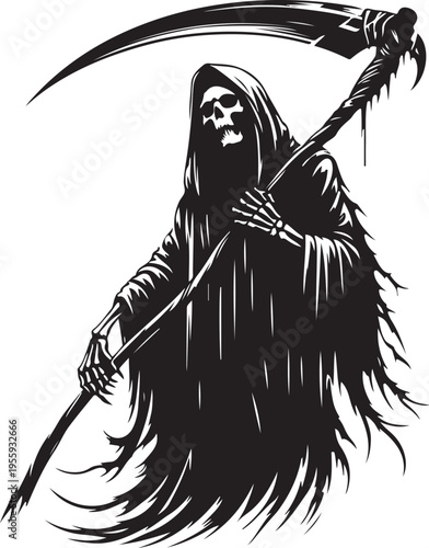 Mysterious grim reaper figure holding a large scythe amidst dark rain Vector, illustration