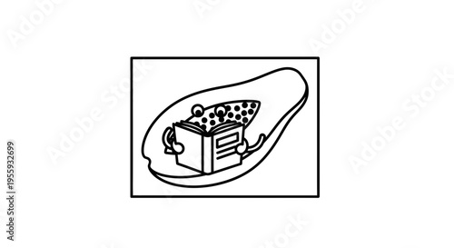 Cute cartoon frog reading a book in a papaya slice, funny animal concept, healthy food illustration