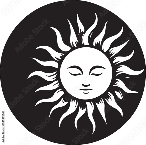 A serene depiction of a smiling sun with radiant rays symbolizing warmth and positivity Vector, illustration
