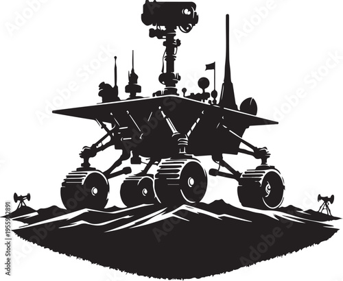 Vintage-style robotic rover exploring an extraterrestrial terrain with scientific equipment Vector, illustration