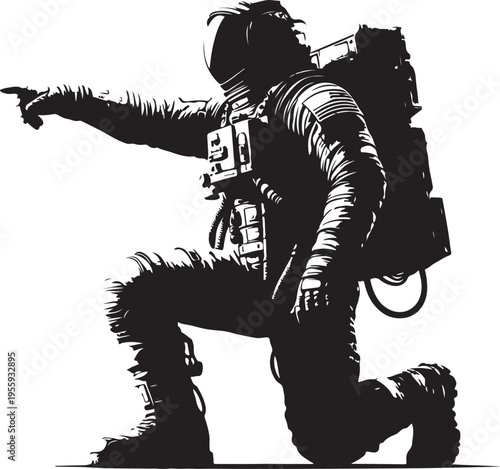 Astronaut in detailed space suit kneeling and pointing into the void of space Vector, illustration