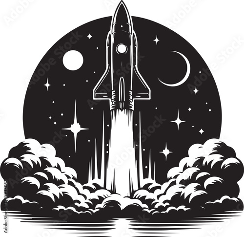 Space shuttle launching amidst celestial and terrestrial elements Vector, illustration
