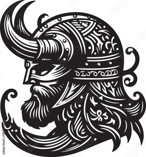 Intricate viking warrior helmet with ornate designs and bearded profile illustration Vector, illustration