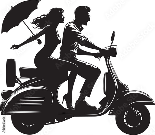Couple enjoying a ride on a vintage scooter under an umbrella Vector, illustration