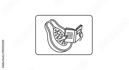 Creative illustration of a papaya slice reading a book, symbolizing knowledge and healthy lifestyle