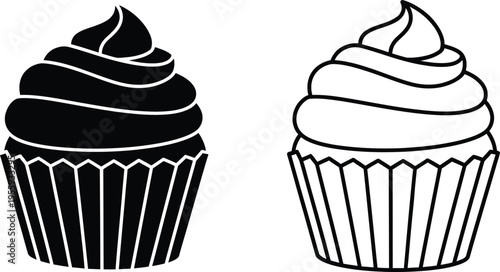 Black and White Cupcake Icons Set Vector