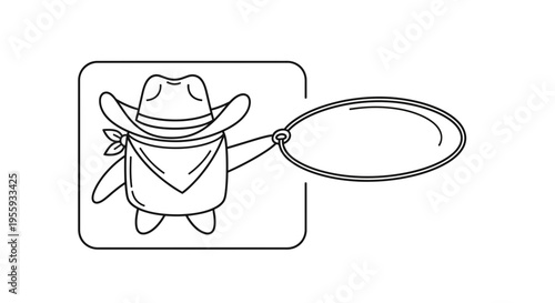 Cute cartoon cowboy character holding a lasso, isolated on white background, line art