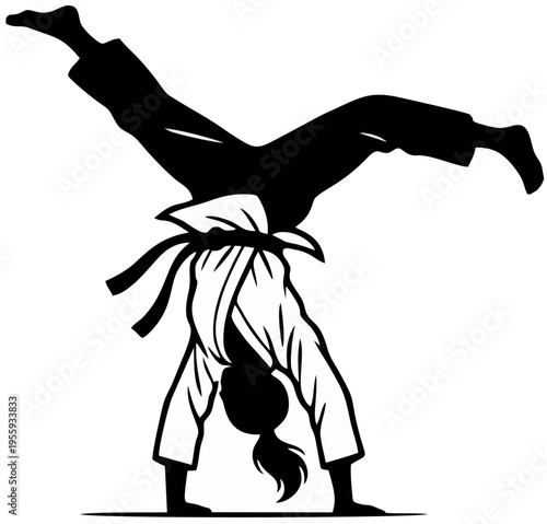 Capoeira acrobatic inverted kick silhouette with fluid motion. Unique Brazilian martial arts dance pose for cultural and artistic sports designs