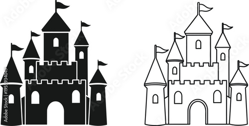 Black and White Castle Silhouette Icon Set Vector