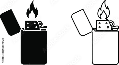 Metal Lighter Icons Set with Fire Flame Vector Vector