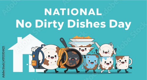  Cartoon dirty kitchen utensils and dishes in playful colorful illustration for National No Dirty Dishes Day