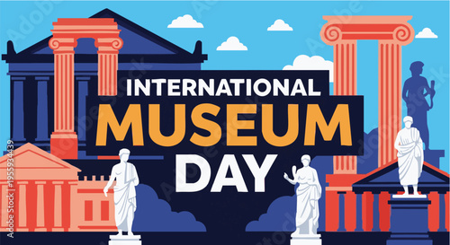 International Museum Day illustration with museums and statues in vibrant colorful lighting for cultural event