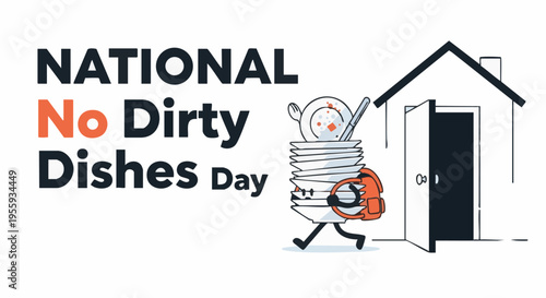 A Cartoonish stack of dirty dishes with a bagpack  going outside the house   in playful humorous style with bright colorful lighting in flat illustration for kitchenware advertising