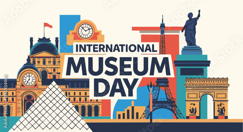 International Museum Day illustration with iconic landmarks in vibrant colorful flat design for cultural event