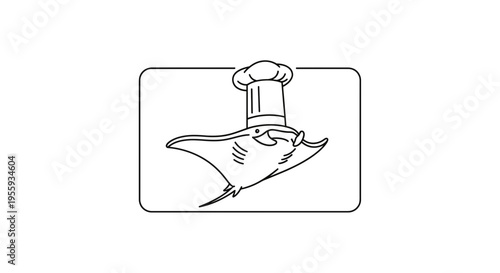 Chef Manta Ray Wearing Chef Hat, Cartoon Style, Ocean Food Concept