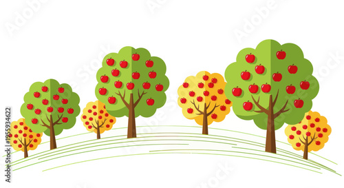 Orchard with ripe red apples on trees, autumn harvest illustration